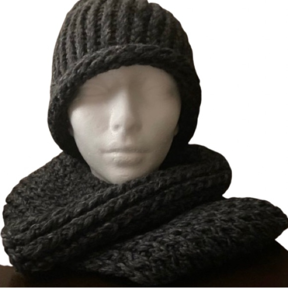 Handmade cozy knit beanie hat and scarf set in dark gray for adults